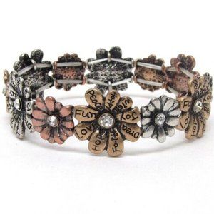 Davinci Women's Flower Crystal Inspirational Tri-Color Alloy Stretch Bracelet